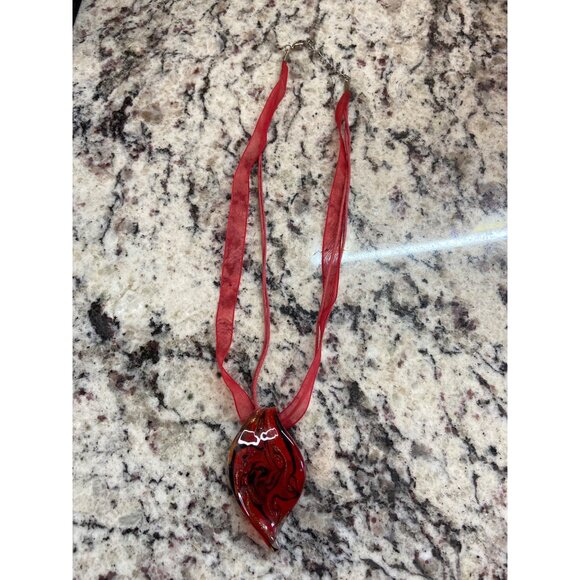 Murano Style Red Glass Pendant Necklace Flame Teardrop Art Ribbon Boho Jewelry - Picture 4 of 5